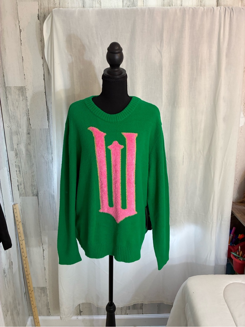 NWT Wicked Women's Green Crewneck Sweater with Pink Logo Accent Sz M